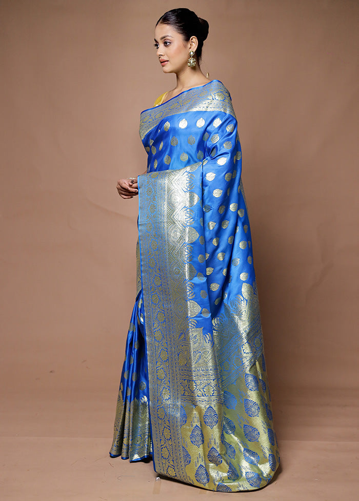 Blue Banarasi Silk Saree With Blouse Piece