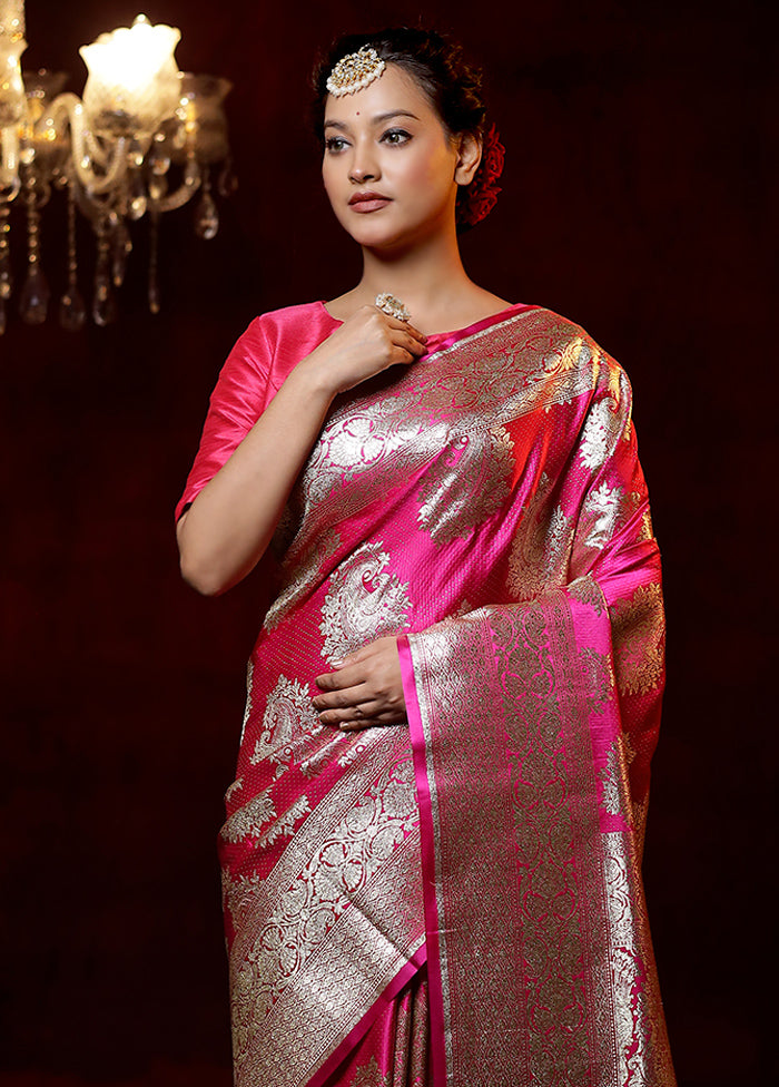 Pink Banarasi Silk Saree With Blouse Piece