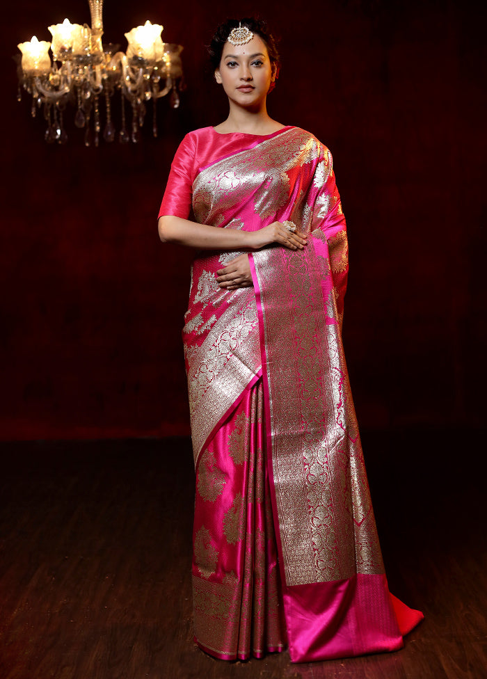 Pink Banarasi Silk Saree With Blouse Piece