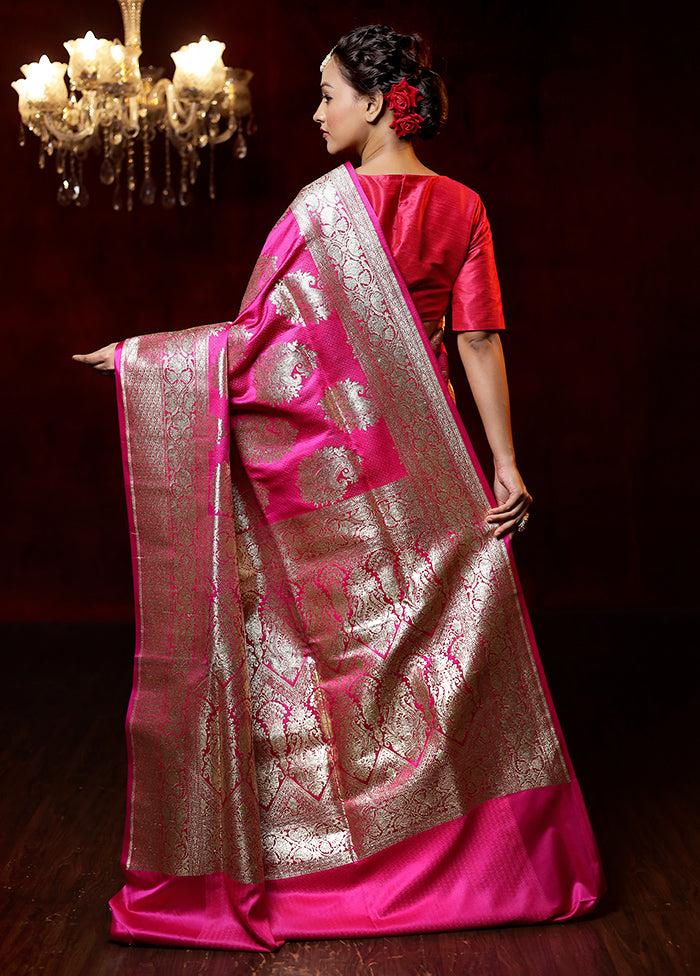 Pink Banarasi Silk Saree With Blouse Piece