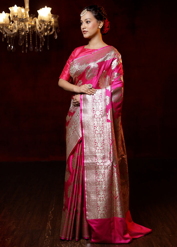 Pink Banarasi Silk Saree With Blouse Piece