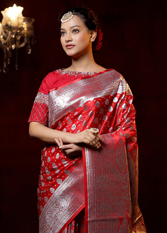 Red Banarasi Silk Saree With Blouse Piece