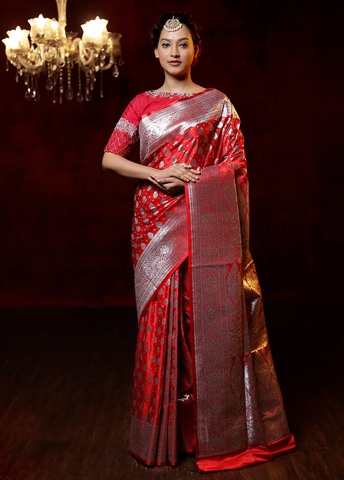 Red Banarasi Silk Saree With Blouse Piece