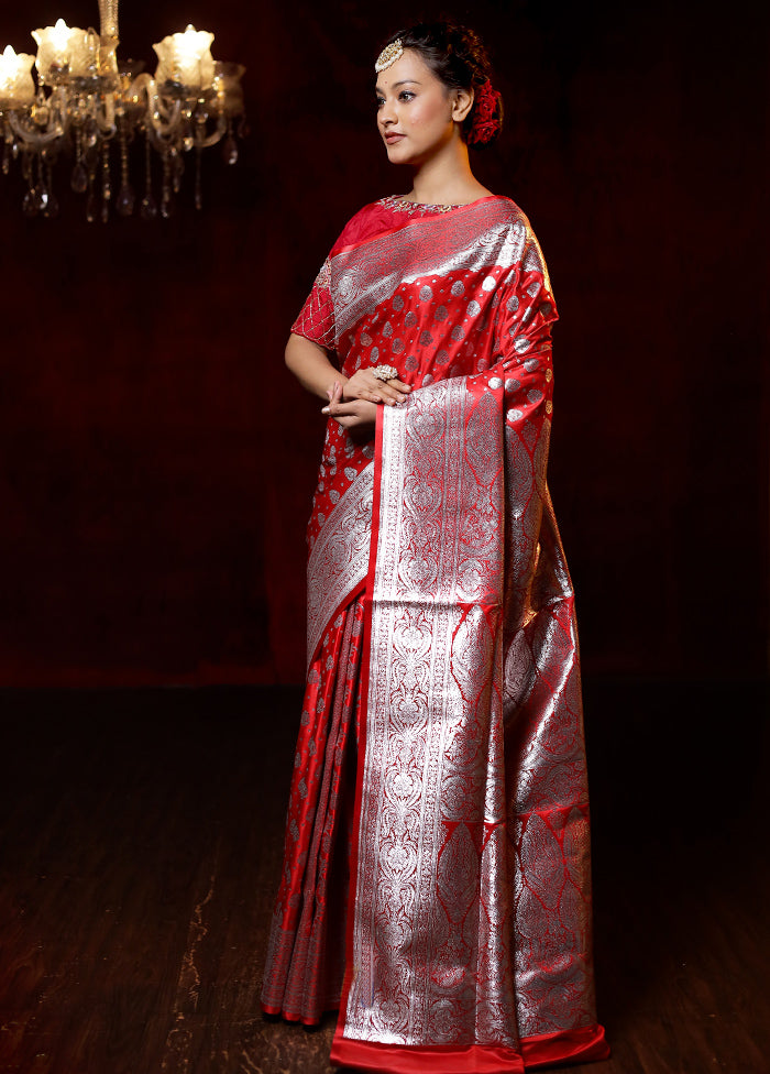 Red Banarasi Silk Saree With Blouse Piece