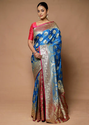 Blue Banarasi Silk Saree With Blouse Piece