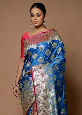 Blue Banarasi Silk Saree With Blouse Piece