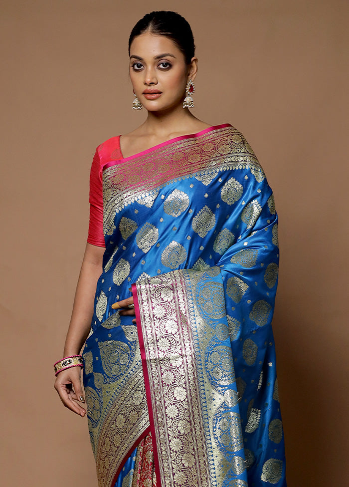 Blue Banarasi Silk Saree With Blouse Piece