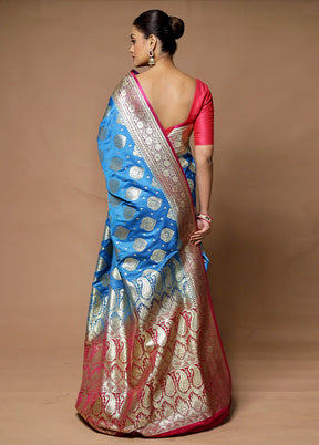 Blue Banarasi Silk Saree With Blouse Piece