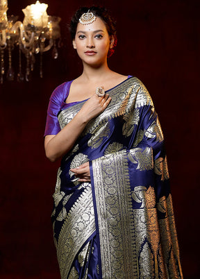 Blue Banarasi Silk Saree With Blouse Piece