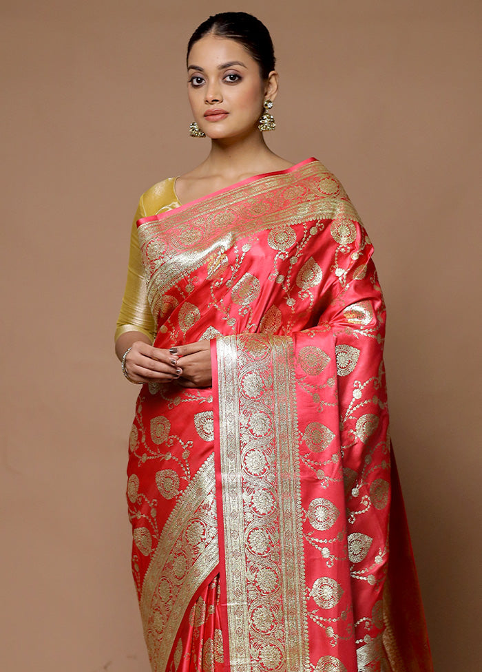 Pink Banarasi Silk Saree With Blouse Piece