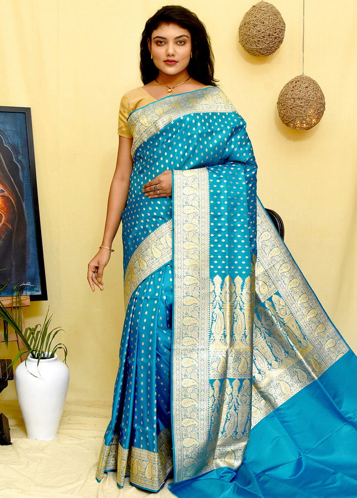 Blue Banarasi Pure Silk Handloom Saree With Blouse - Indian Silk House Agencies