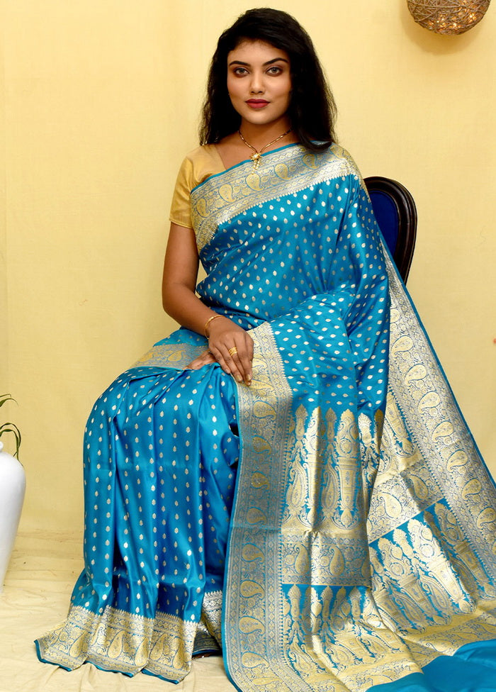 Blue Banarasi Pure Silk Handloom Saree With Blouse - Indian Silk House Agencies