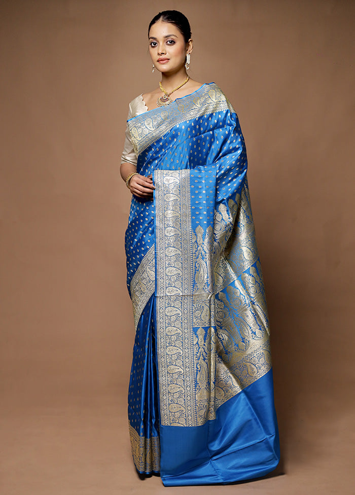 Blue Handloom Banarasi Pure Silk Saree With Blouse Piece