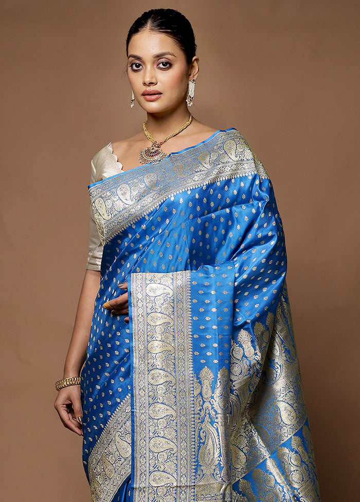 Blue Handloom Banarasi Pure Silk Saree With Blouse Piece