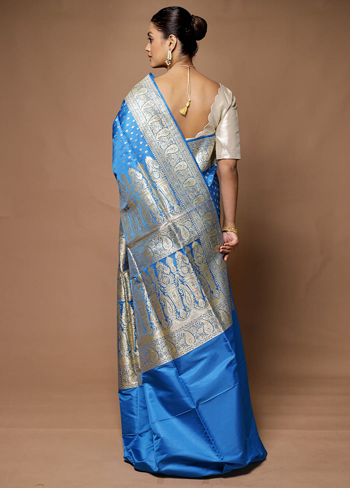 Blue Handloom Banarasi Pure Silk Saree With Blouse Piece