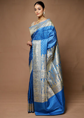 Blue Handloom Banarasi Pure Silk Saree With Blouse Piece