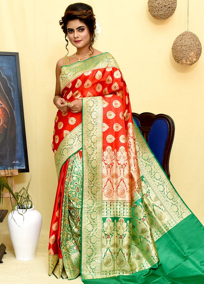 Red Handloom Banarasi Pure Silk Saree With Blouse - Indian Silk House Agencies