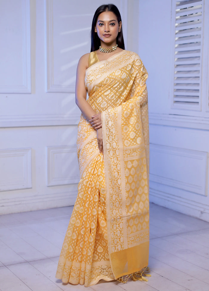 Yellow Kora Silk Saree With Blouse Piece