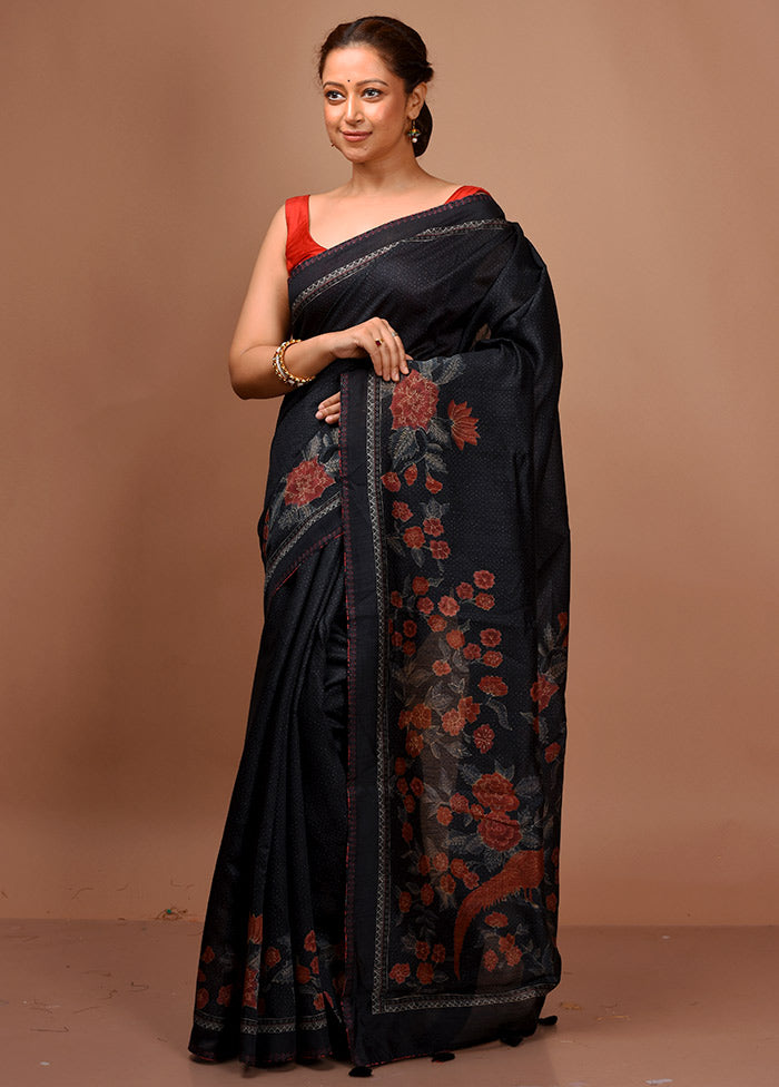 Black Tussar Pure Silk Saree With Blouse Piece - Indian Silk House Agencies