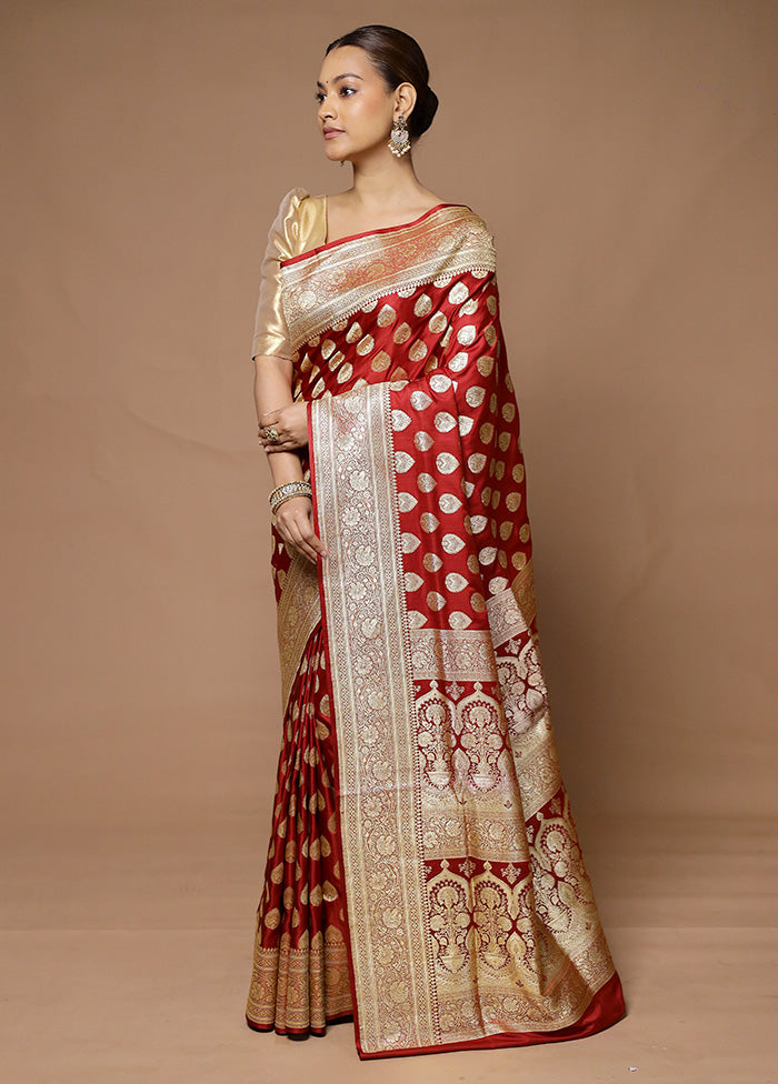 Maroon Handloom Banarasi Pure Silk Saree With Blouse Piece