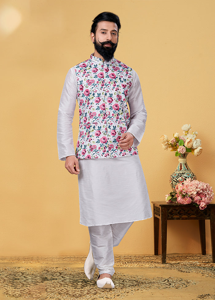 3 Pc Multicolor Silk Kurta Pajama with Jacket Set