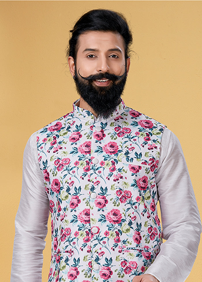 3 Pc Multicolor Silk Kurta Pajama with Jacket Set