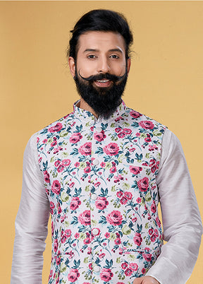 3 Pc Multicolor Silk Kurta Pajama with Jacket Set