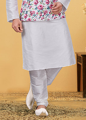 3 Pc Multicolor Silk Kurta Pajama with Jacket Set