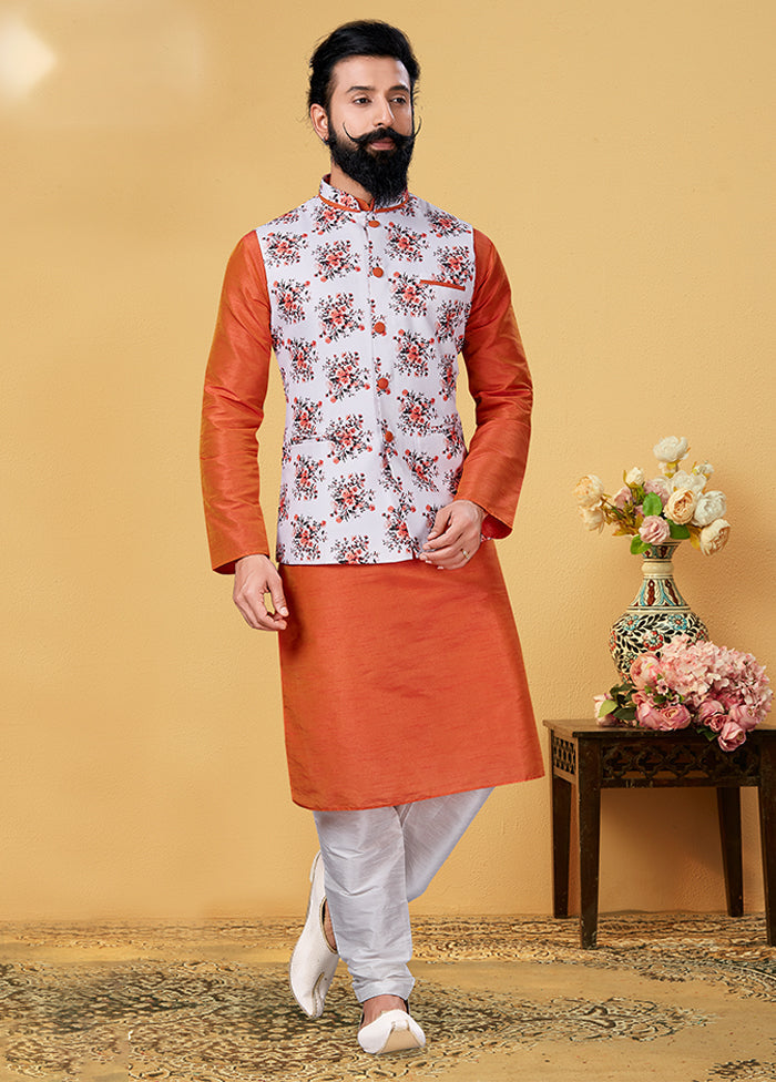 3 Pc Multicolor Silk Kurta Pajama with Jacket Set