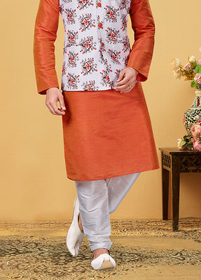 3 Pc Multicolor Silk Kurta Pajama with Jacket Set