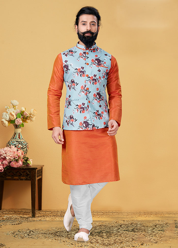 3 Pc Multicolor Silk Kurta Pajama with Jacket Set