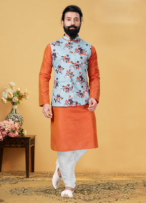 3 Pc Multicolor Silk Kurta Pajama with Jacket Set