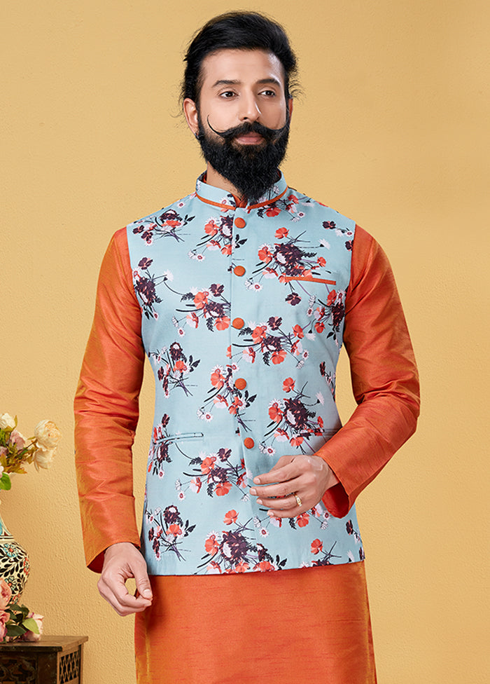 3 Pc Multicolor Silk Kurta Pajama with Jacket Set