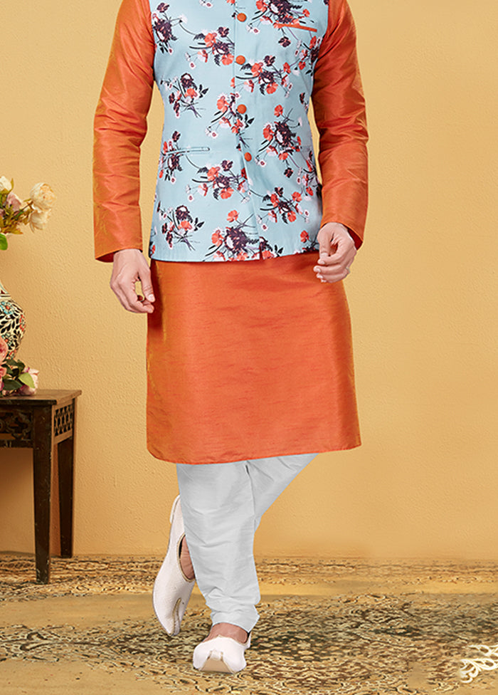 3 Pc Multicolor Silk Kurta Pajama with Jacket Set