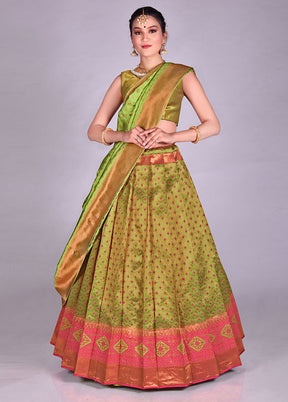 3 Pc Parrot Green Silk Semi Stitched Lehenga Set - Indian Silk House Agencies