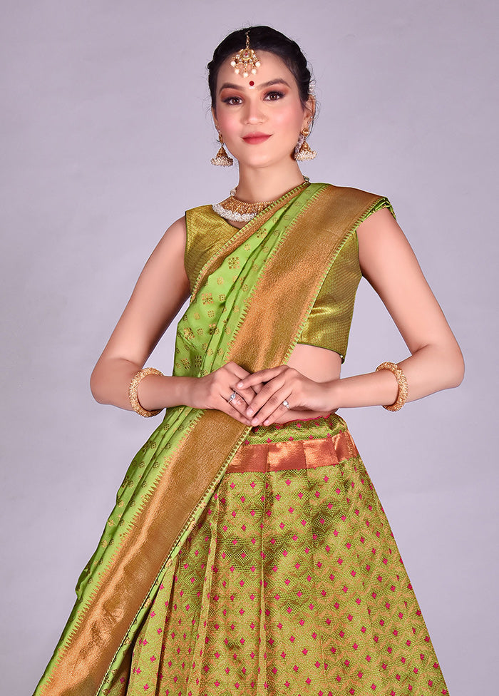 3 Pc Parrot Green Silk Semi Stitched Lehenga Set - Indian Silk House Agencies