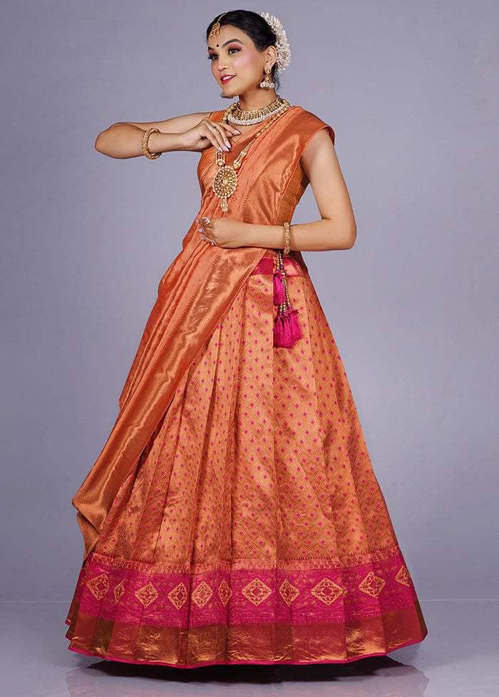 3 Pc Peach Silk Semi Stitched Lehenga Set - Indian Silk House Agencies