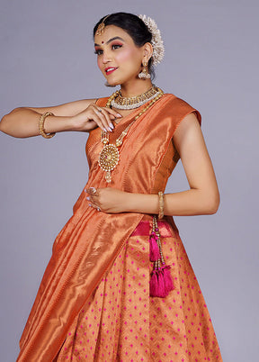 3 Pc Peach Silk Semi Stitched Lehenga Set - Indian Silk House Agencies