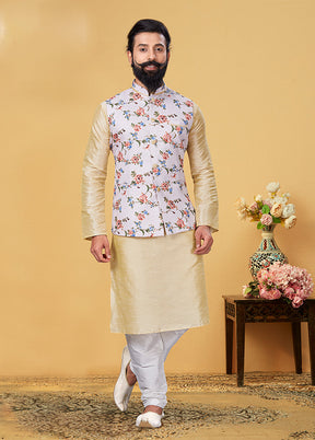 3 Pc Multicolor Silk Kurta Pajama with Jacket Set