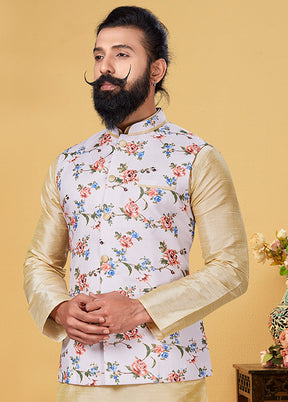 3 Pc Multicolor Silk Kurta Pajama with Jacket Set
