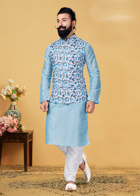 3 Pc Multicolor Silk Kurta Pajama with Jacket Set