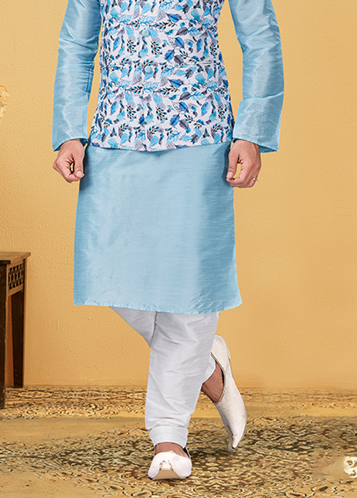 3 Pc Multicolor Silk Kurta Pajama with Jacket Set
