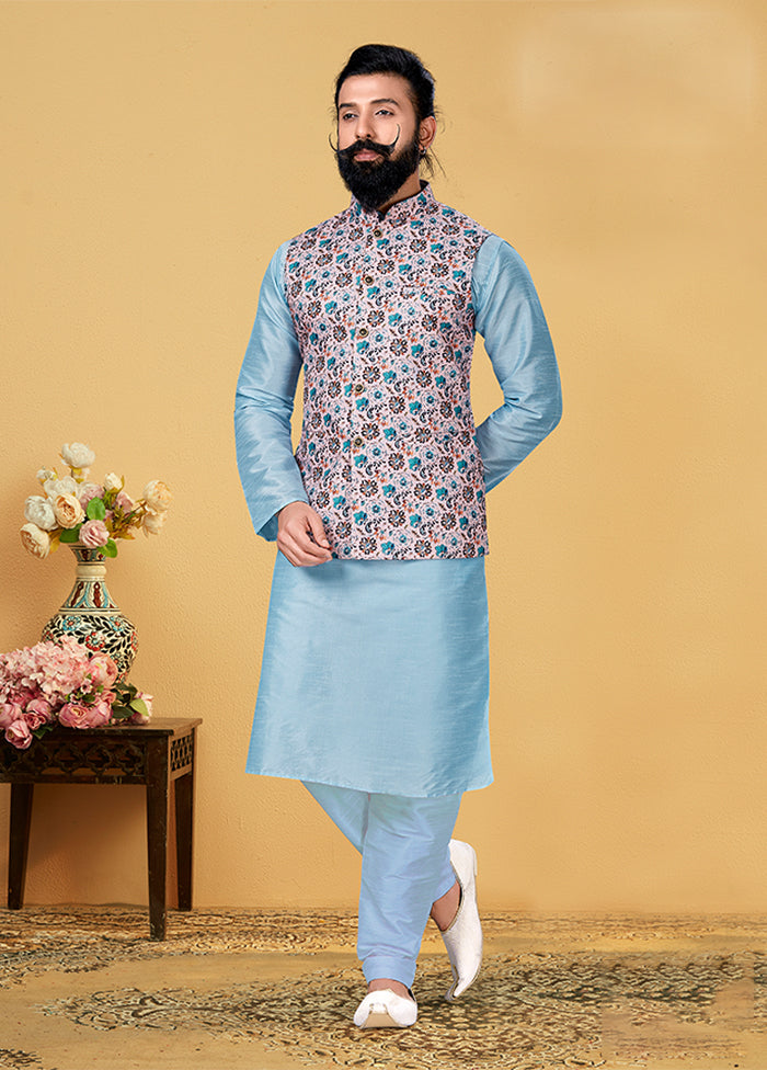 3 Pc Multicolor Silk Kurta Pajama with Jacket Set
