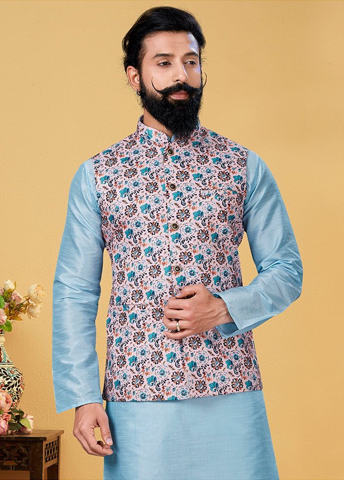 3 Pc Multicolor Silk Kurta Pajama with Jacket Set