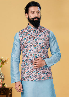 3 Pc Multicolor Silk Kurta Pajama with Jacket Set