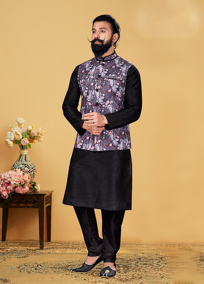 3 Pc Multicolor Silk Kurta Pajama with Jacket Set