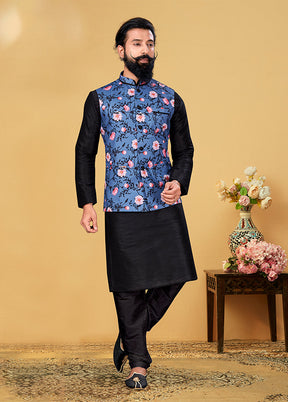 3 Pc Multicolor Silk Kurta Pajama with Jacket Set