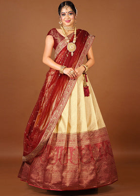 3 Pc Cream Silk Semi Stitched Lehenga Set - Indian Silk House Agencies