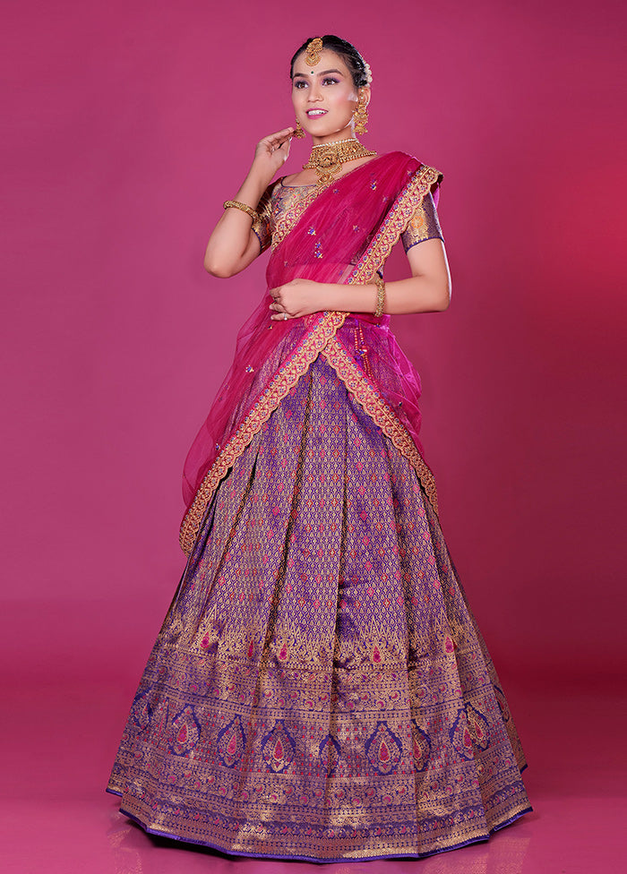 3 Pc Purple Silk Semi Stitched Lehenga Set - Indian Silk House Agencies