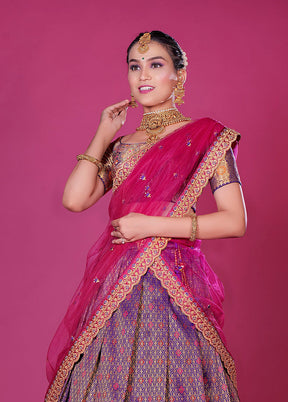 3 Pc Purple Silk Semi Stitched Lehenga Set - Indian Silk House Agencies